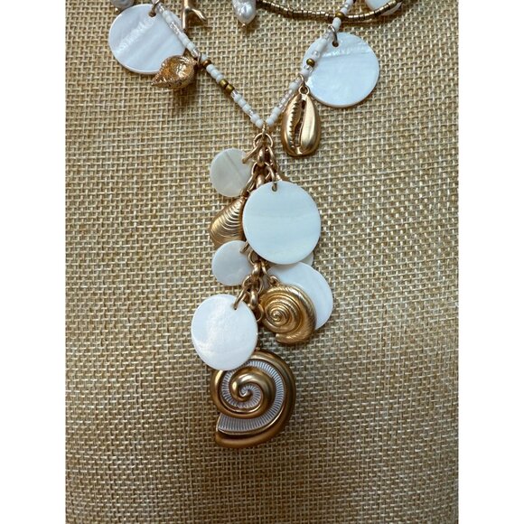 Layered White Gold Shell Charm Necklace Statement Earrings Set, Beach, Coastal - Picture 7 of 9